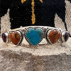 Turquoise, Spiny Oyster, Purple Dahlia 925 ADJUSTABLE Navajo Heart Cuff 26.2Gm